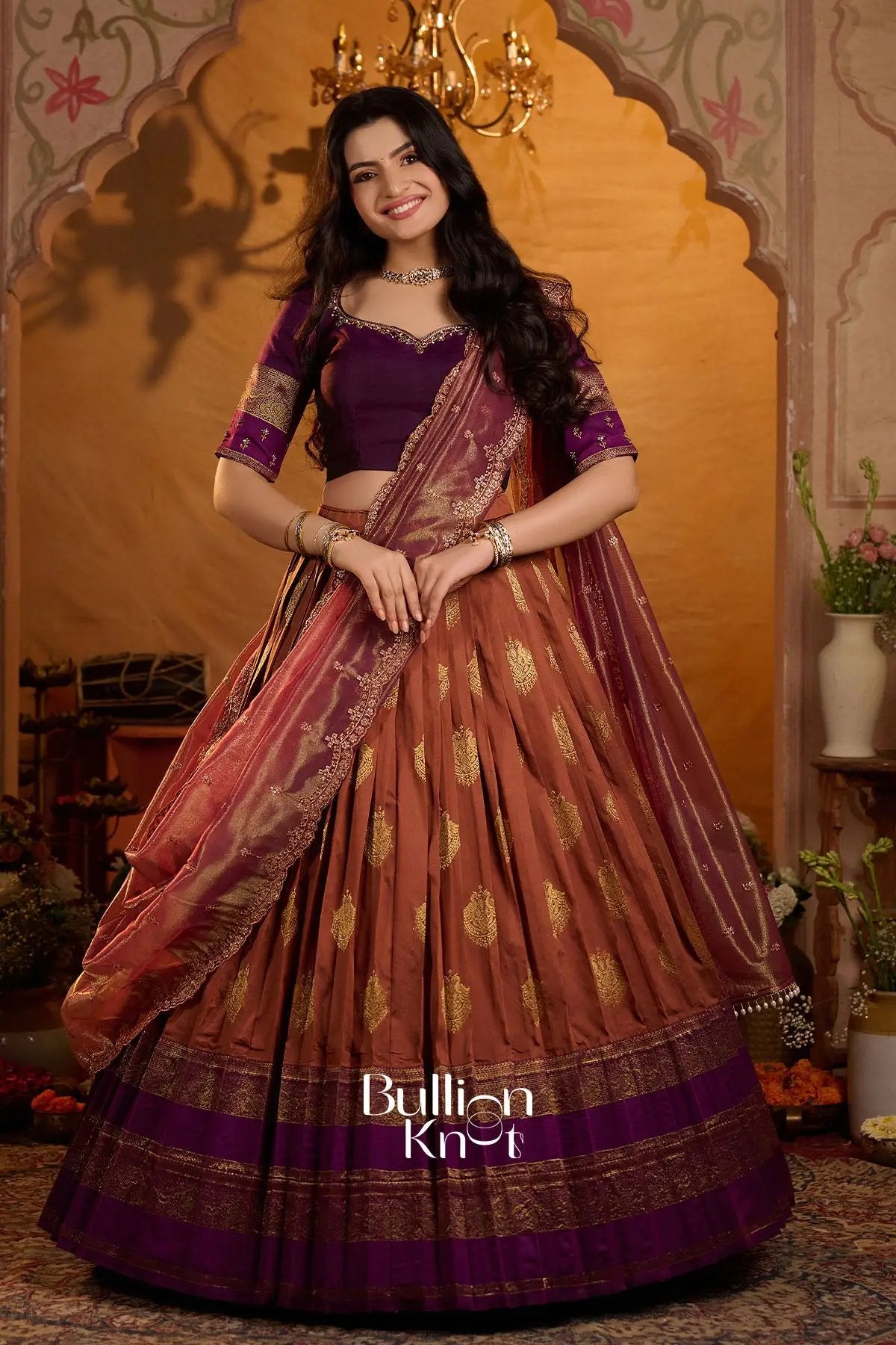 Ruprekha Gadval Silk Lehenga Set In Rust