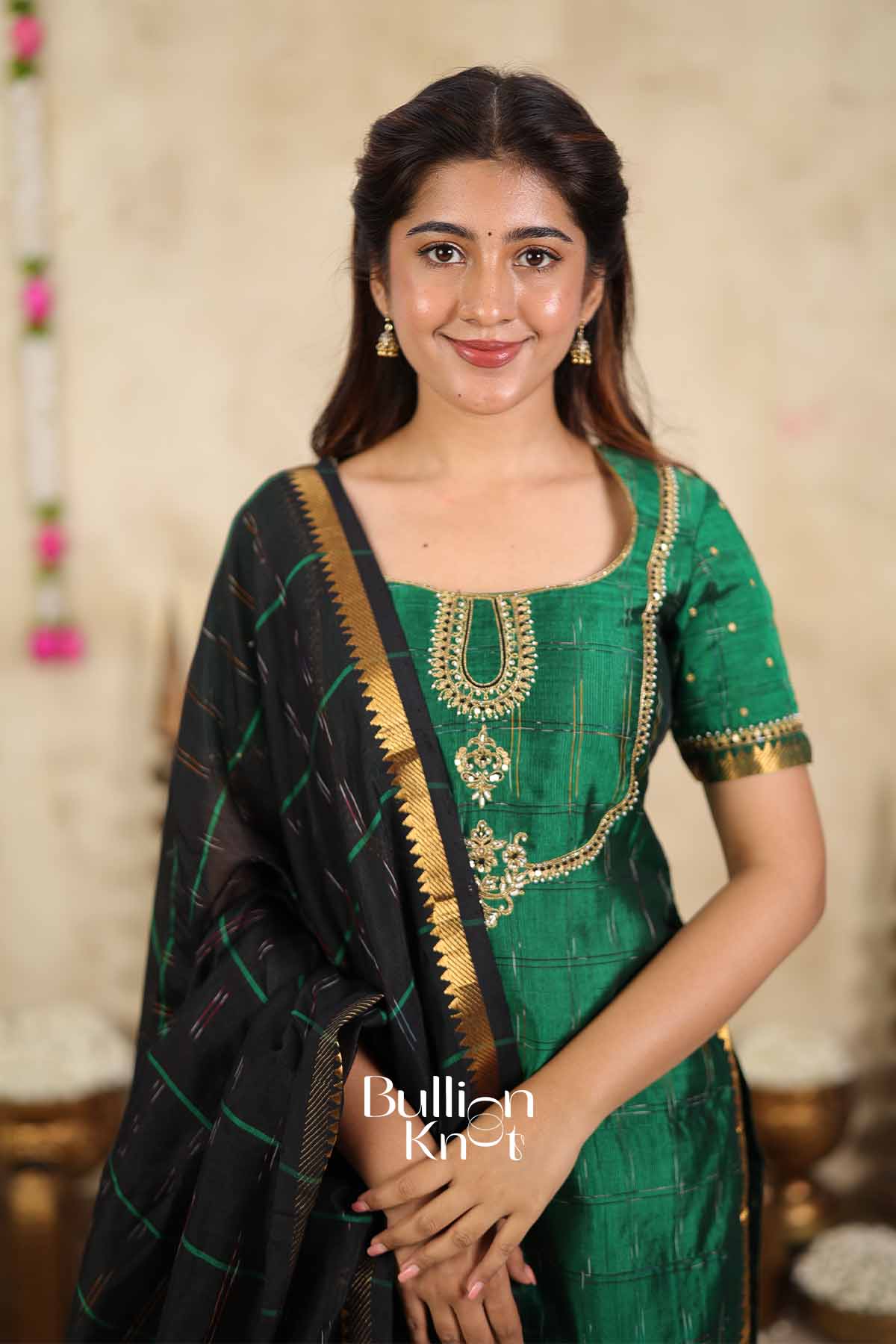 Malika Elegance | Emerald Green Mangalagiri Kurta Set for Women | Festive Ethnic Wear Kurta Set with Dupatta