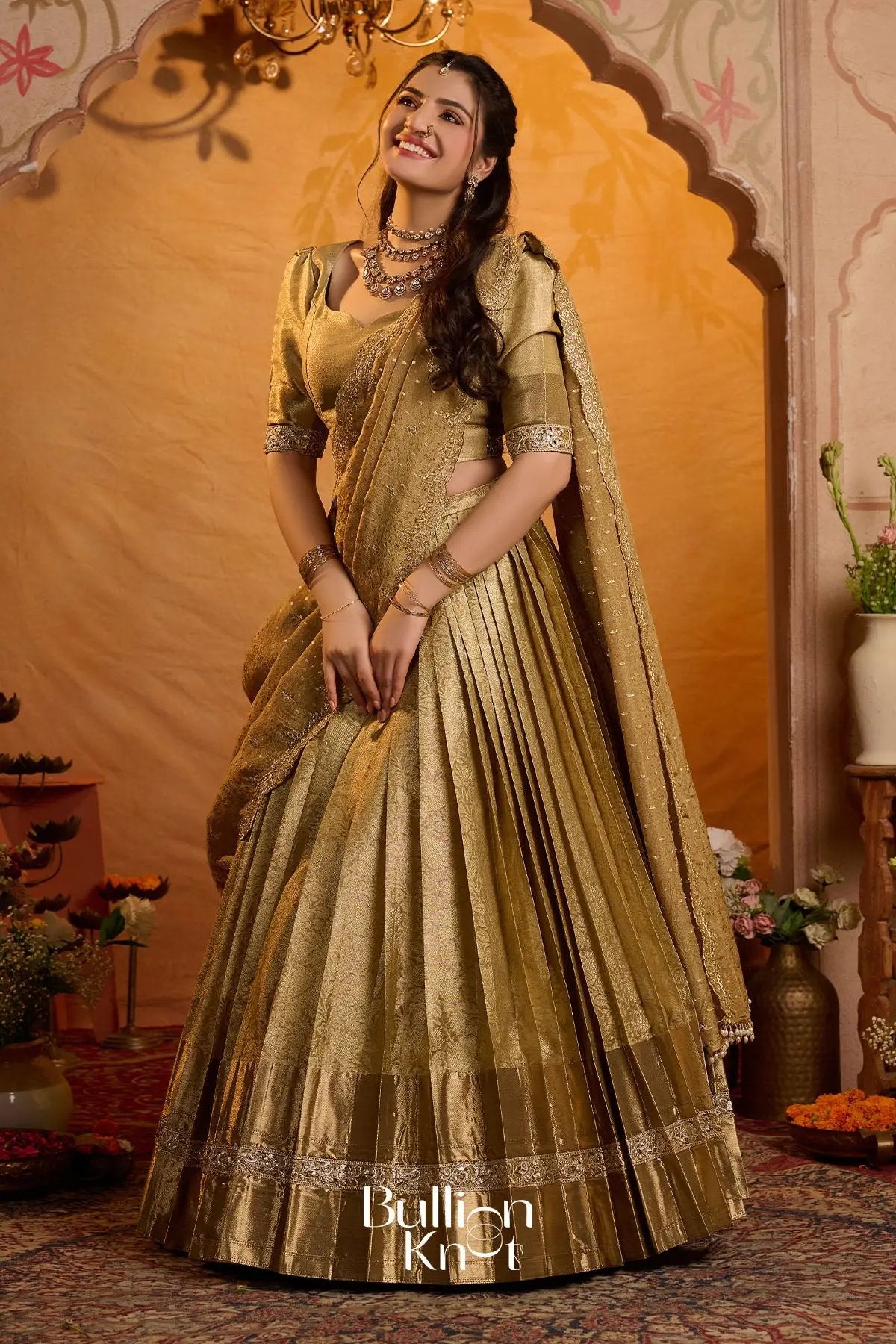 Swarnamayi Kanjivaram Silk Lehenga Set In Golden