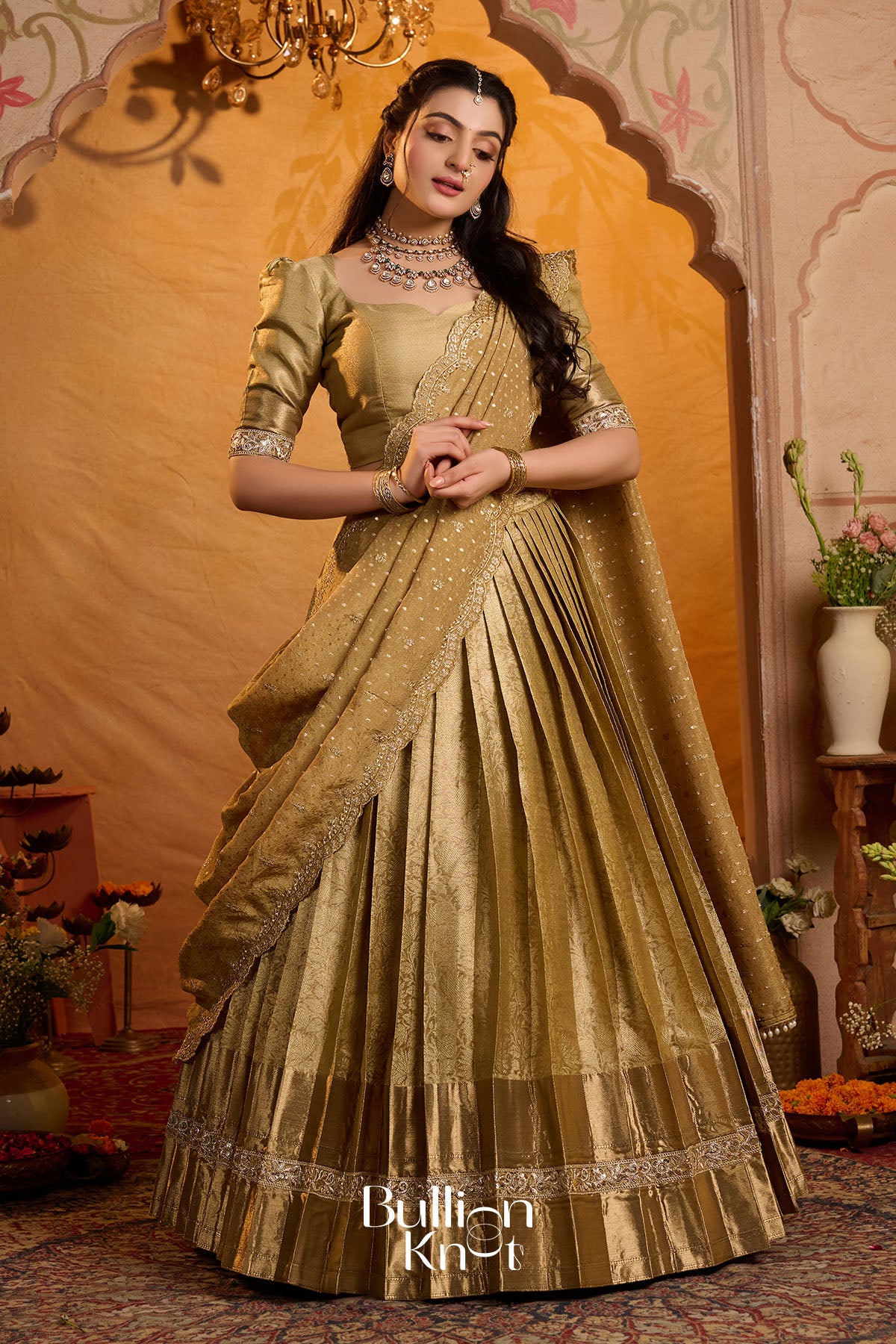 Swarnamayi | Kanjivaram Silk Lehenga Set in Golden for Weddings New