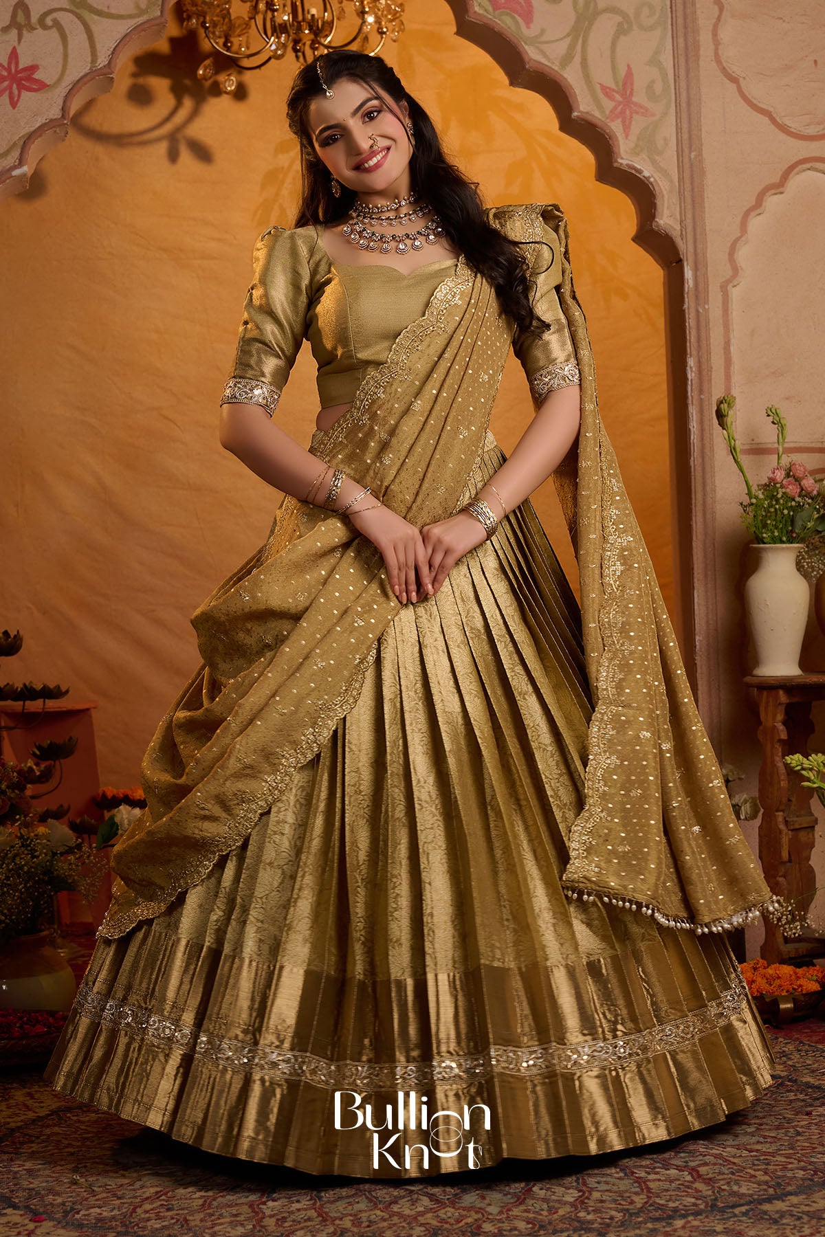Swarnamayi | Kanjivaram Silk Lehenga Set in Golden for Weddings New