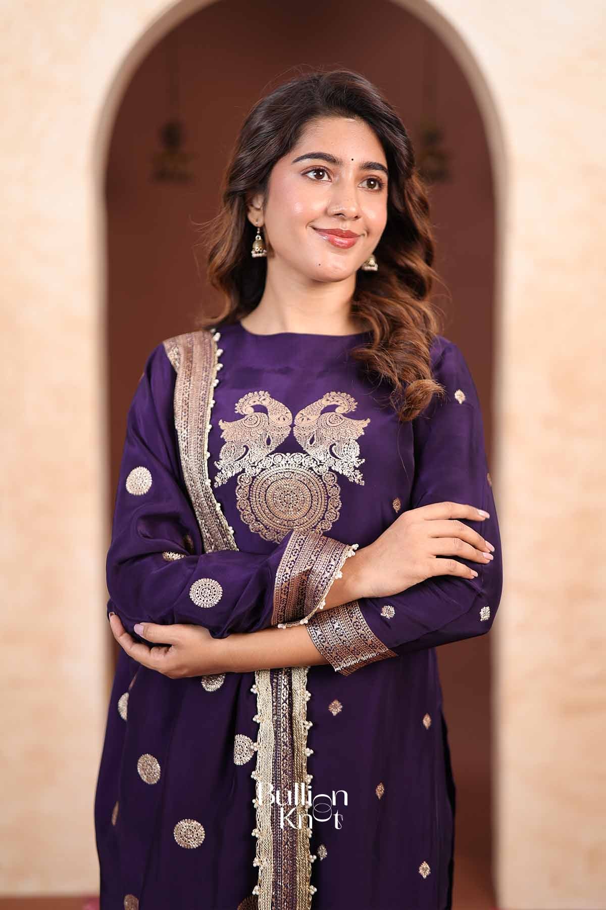 Tanvi | Handcrafted Silk Yoke Embroidered Royal Violet Kurta Pant Set for Traditional Gatherings