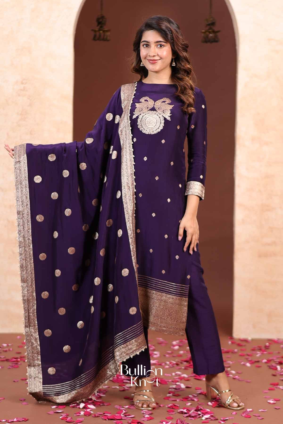 Tanvi | Handcrafted Silk Yoke Embroidered Royal Violet Kurta Pant Set for Traditional Gatherings