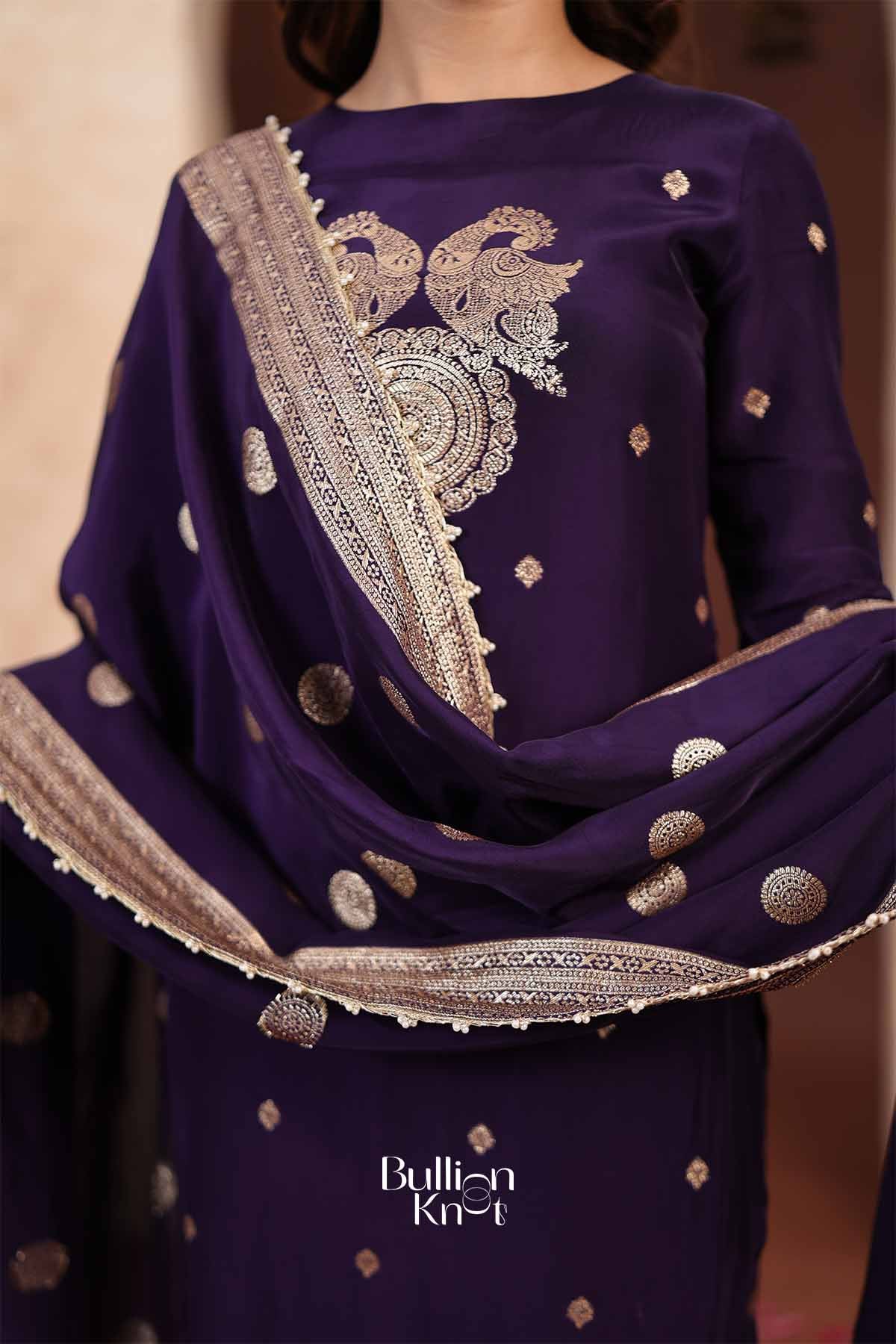 Tanvi | Handcrafted Silk Yoke Embroidered Royal Violet Kurta Pant Set for Traditional Gatherings