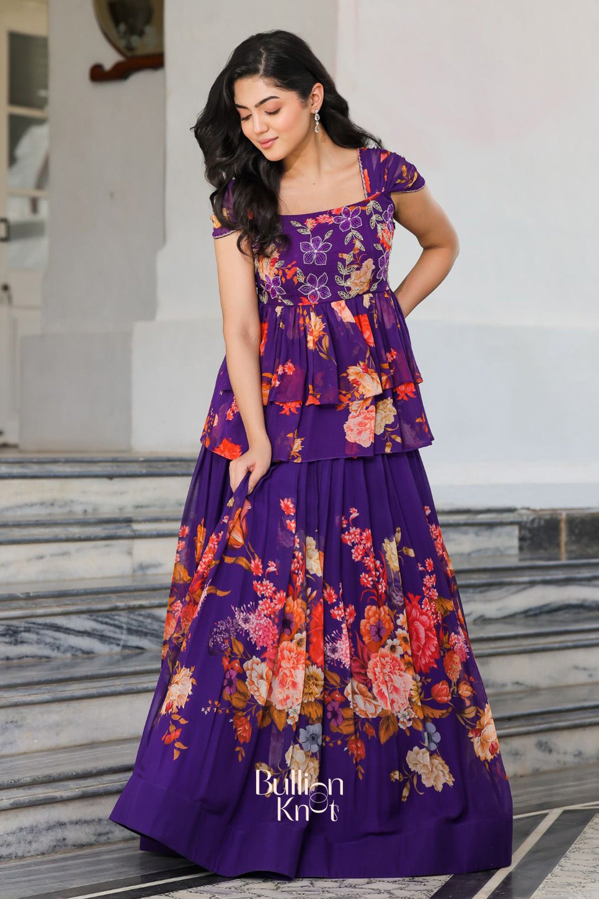 Modern Indo-Western gown with handcrafted floral accents